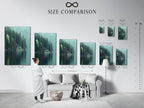 A size comparison chart is displayed in an interior setting. It showcases the Lakeside Cabin artwork in various sizes. This chart helps visualize the perfect fit for your space. Choose the ideal size for your cabin decor or study wall art. Ensure a seamless integration into your home.