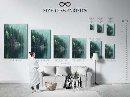 A size comparison chart is displayed in an interior setting. It showcases the Lakeside Cabin artwork in various sizes. This chart helps visualize the perfect fit for your space. Choose the ideal size for your cabin decor or study wall art. Ensure a seamless integration into your home.