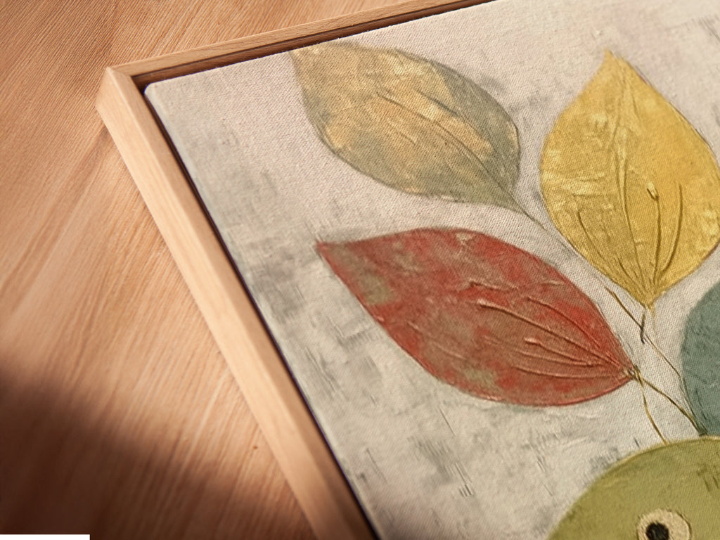 A close-up shows the Bird and Violin Canvas Print. It is displayed in a floating frame. The angled view reveals the texture and detail. This modern art piece is perfect for music lovers. The abstract musical theme adds charm. Discover its beauty.