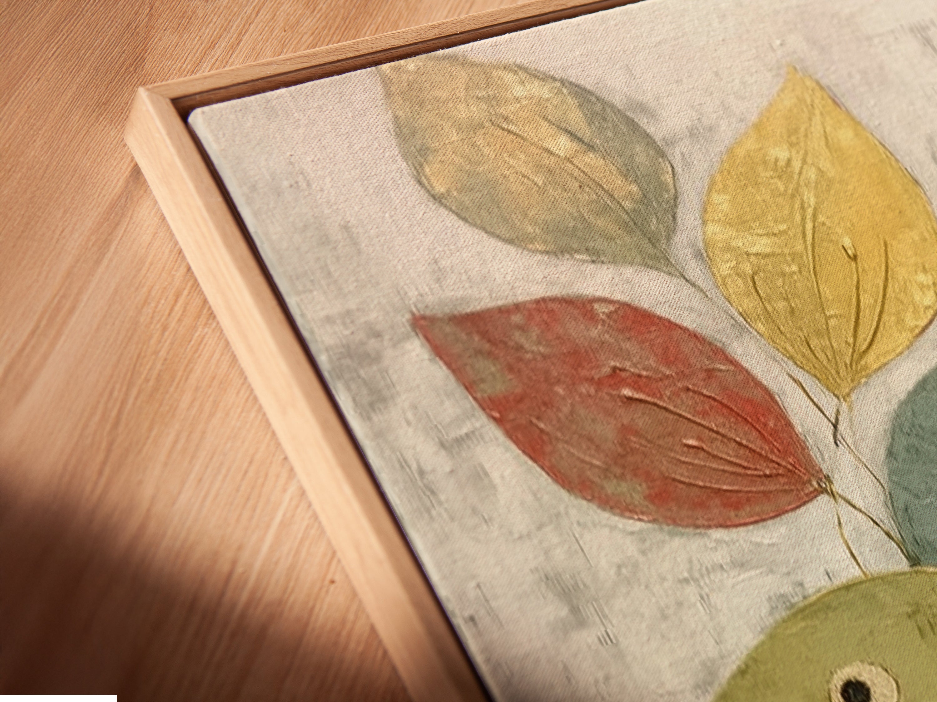 A close-up shows the Bird and Violin Canvas Print. It is displayed in a floating frame. The angled view reveals the texture and detail. This modern art piece is perfect for music lovers. The abstract musical theme adds charm. Discover its beauty.