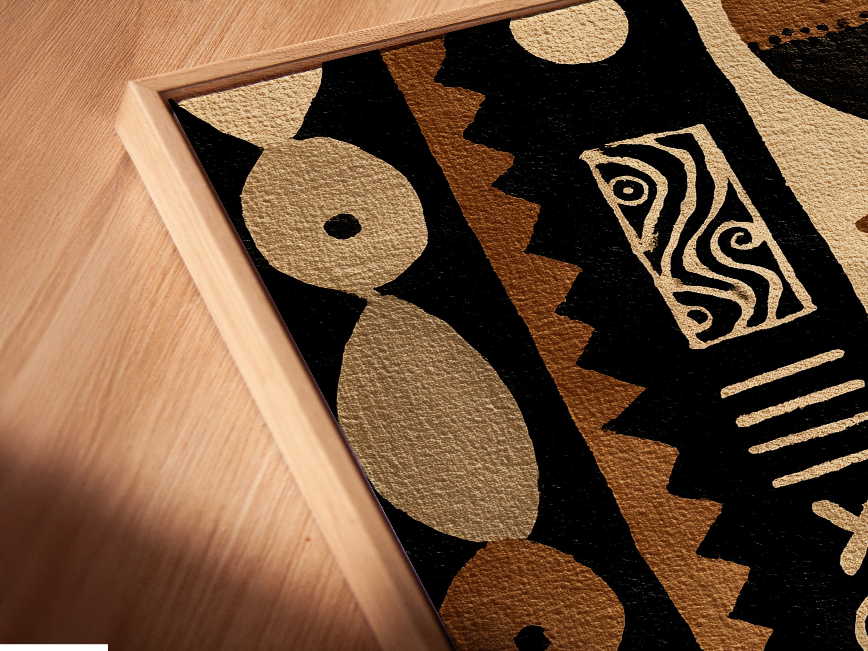 An angled close-up shows a canvas print in a floating frame. The frame style enhances the artwork's visual appeal. The fine details and textures of the canvas are visible. This adds depth and dimension to the piece.