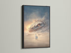 Surreal fantasy art print in a black frame. The artwork features a desert landscape with a mystical creature. The black frame adds a bold contrast that highlights the artwork's details. This piece is perfect for adding a touch of sophistication to your office or family room. It enhances eclectic styles.