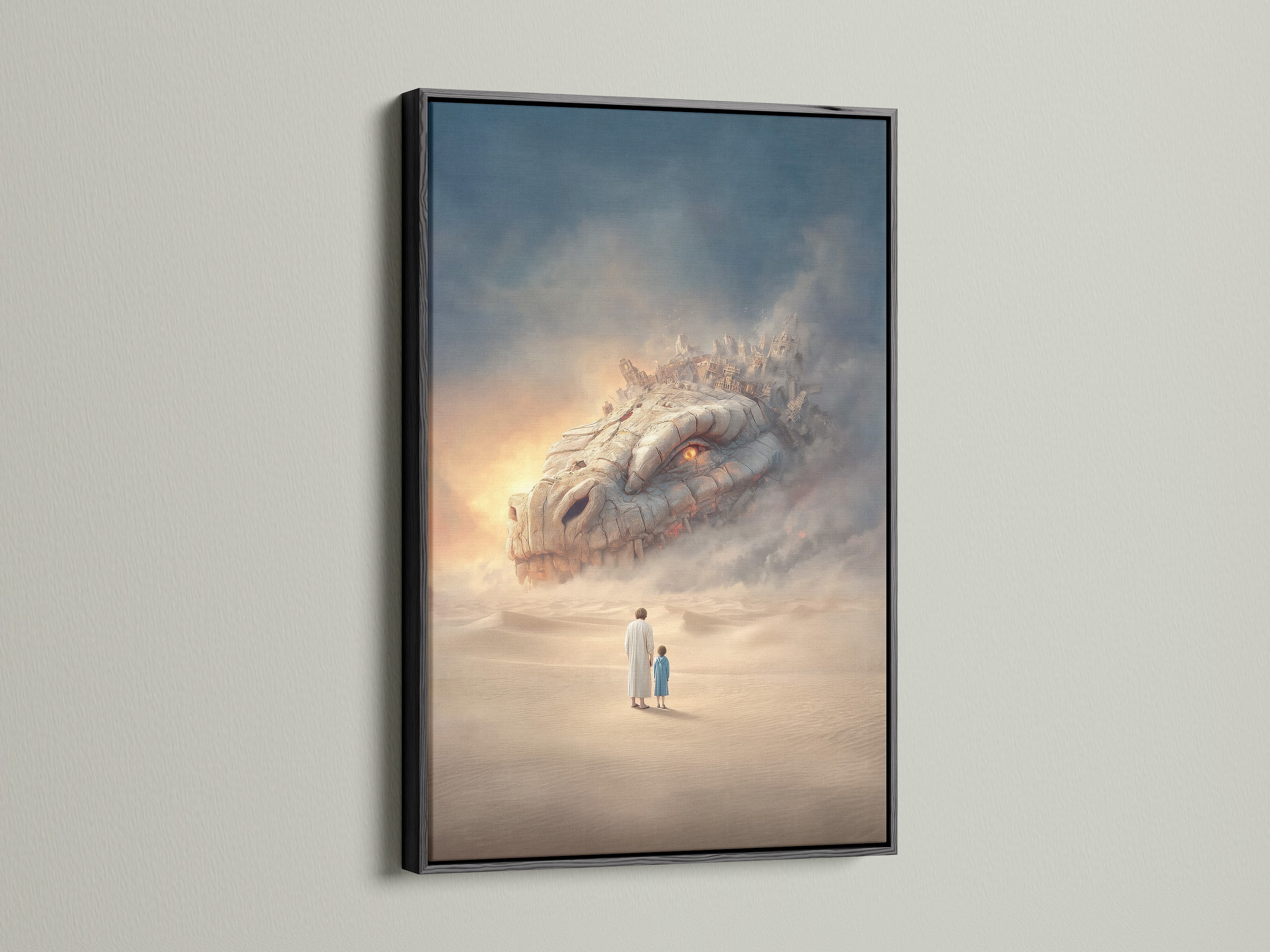 Surreal fantasy art print in a black frame. The artwork features a desert landscape with a mystical creature. The black frame adds a bold contrast that highlights the artwork's details. This piece is perfect for adding a touch of sophistication to your office or family room. It enhances eclectic styles.