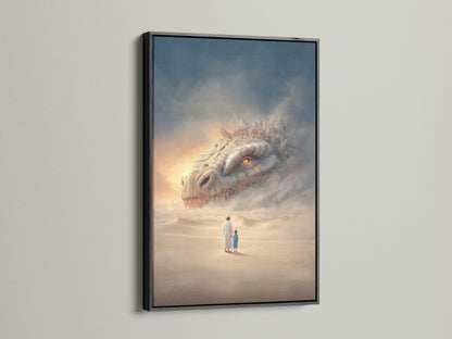 Surreal fantasy art print in a black frame. The artwork features a desert landscape with a mystical creature. The black frame adds a bold contrast that highlights the artwork's details. This piece is perfect for adding a touch of sophistication to your office or family room. It enhances eclectic styles.