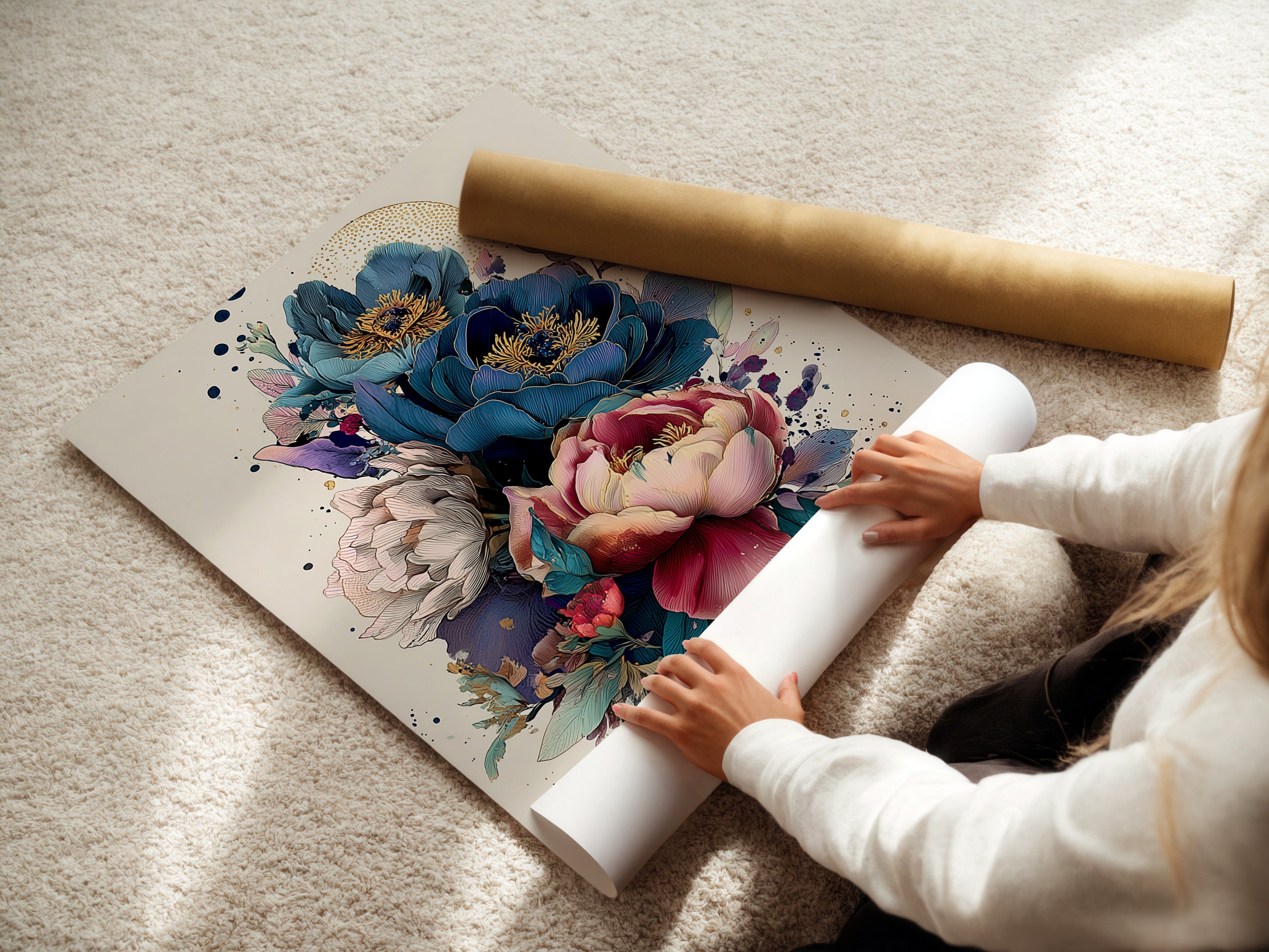 Vintage Floral Art Print - Blue Pink Peony Botanical Wall Art, Modern Home Decor, Living Room Bedroom Art, Nature Illustration