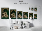 A size comparison chart is displayed in an interior setting. It shows the various sizes available for the Islamic Architecture Artwork. Visualize the perfect fit for your space. Choose the ideal size to complement your decor and showcase this beautiful piece of islamic art.