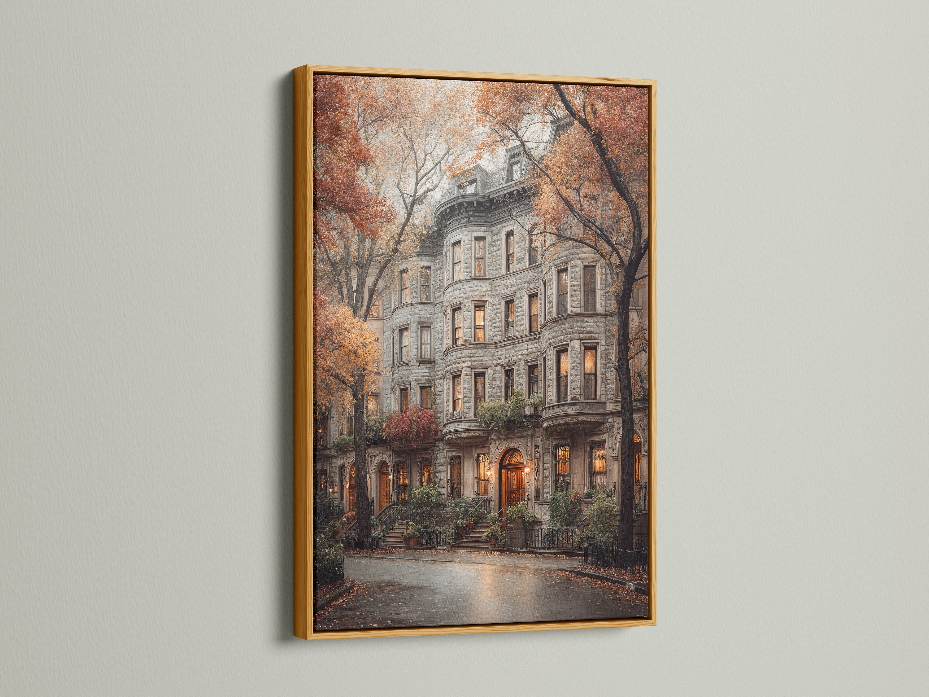 Gold frame presenting an autumn cityscape. It is a vintage style architecture poster. This brownstone art is perfect for office decor. It is ideal for design aficionados seeking refined art.