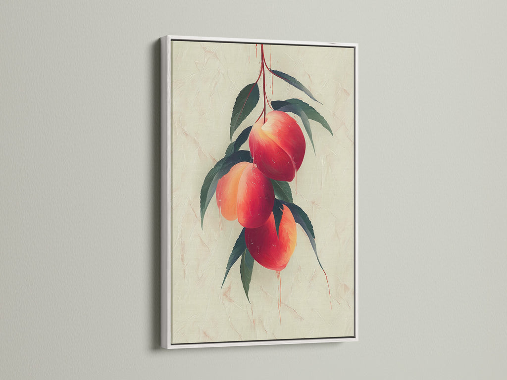 Discover the crisp appeal of a white frame. It beautifully showcases a peach fruit botanical wall art. Ideal for modern kitchen decor and farmhouse style artwork. Its clean lines add sophistication to any space. A perfect addition to your home.