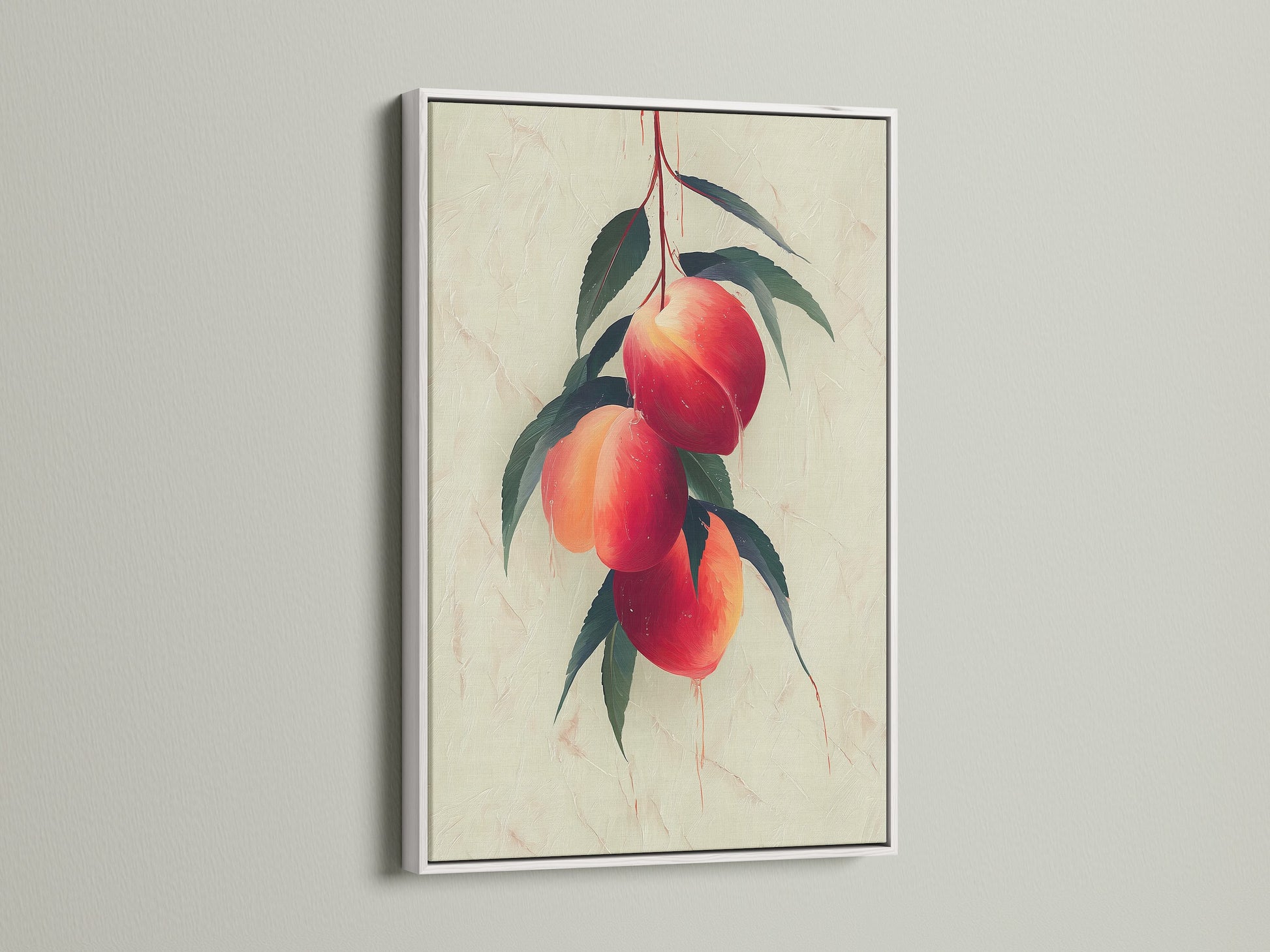 Discover the crisp appeal of a white frame. It beautifully showcases a peach fruit botanical wall art. Ideal for modern kitchen decor and farmhouse style artwork. Its clean lines add sophistication to any space. A perfect addition to your home.
