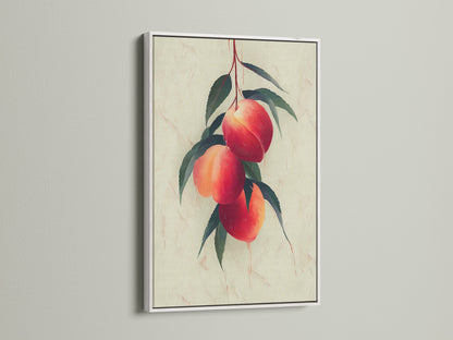 Discover the crisp appeal of a white frame. It beautifully showcases a peach fruit botanical wall art. Ideal for modern kitchen decor and farmhouse style artwork. Its clean lines add sophistication to any space. A perfect addition to your home.