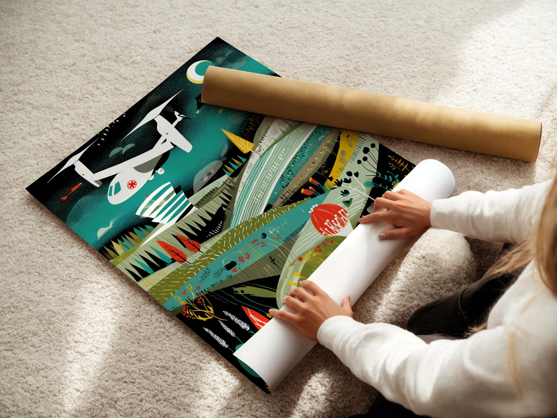 A woman is carefully rolling a fine art poster paper print of the Rescue Helicopter artwork. The aviation print is ready for framing. This retro wall art is perfect for adding a touch of mid-century modern elegance to your space.