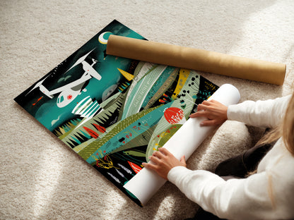 A woman is carefully rolling a fine art poster paper print of the Rescue Helicopter artwork. The aviation print is ready for framing. This retro wall art is perfect for adding a touch of mid-century modern elegance to your space.