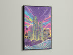 A black frame highlights the details of this synthwave cityscape. The artwork features a neon purple skyline. It is a retro futuristic ocean wave art piece. Shop now for standout contemporary wall decor. Perfect for eclectic styles.