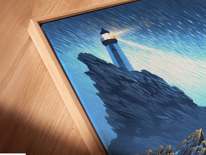 A close-up of a Lighthouse Seascape canvas print in a floating frame. This artwork enhances the coastal aesthetic of any space. The dramatic ocean scene is beautifully presented. Perfect for modern nautical decor.  The serene sea landscape is highlighted by the floating frame