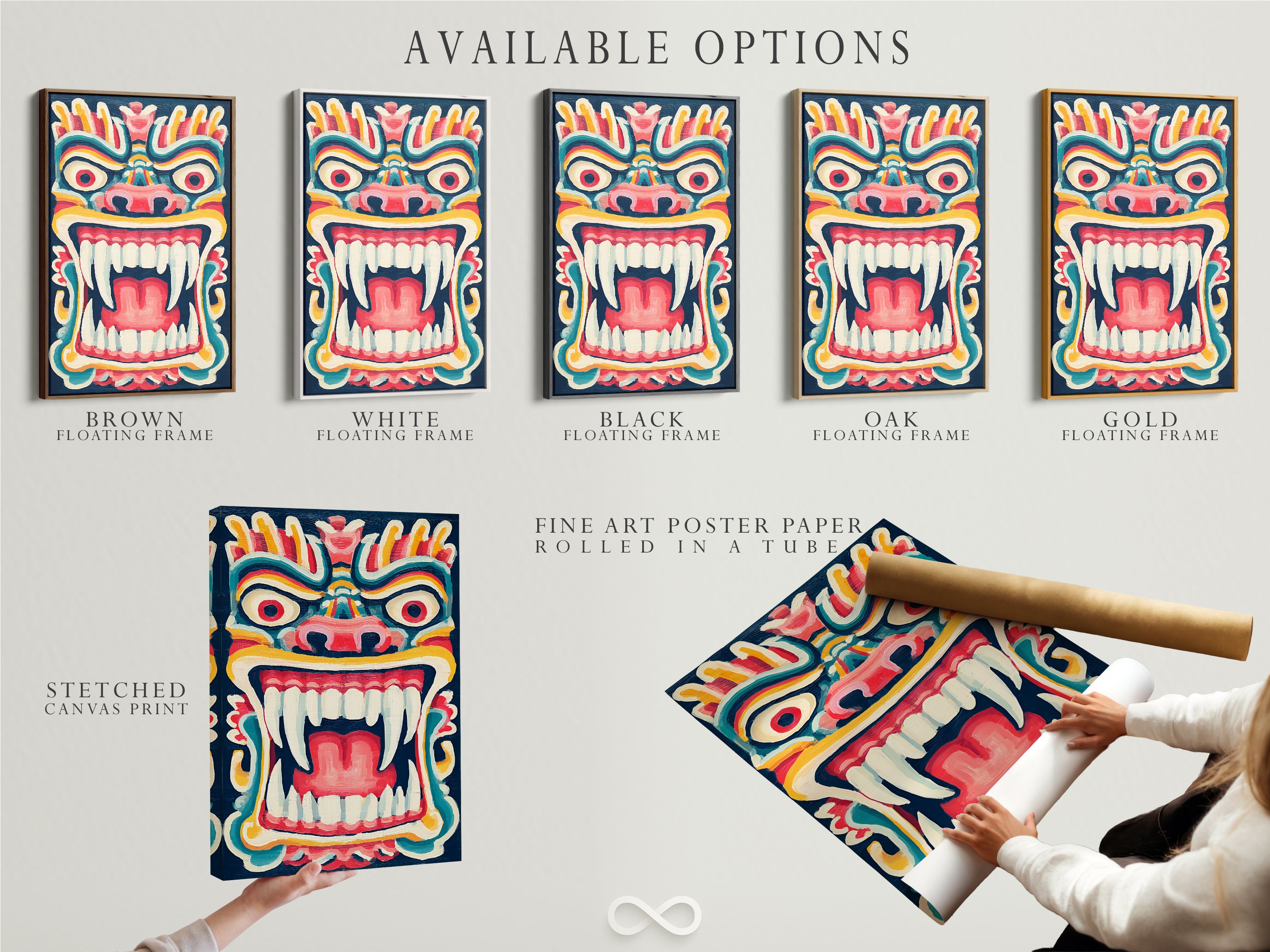 Explore available options for your tribal mask artwork. Choose from a stretched canvas print fine art poster paper or a floating frame. Find the perfect style for your folklore print. This colorful artwork enhances any room.
