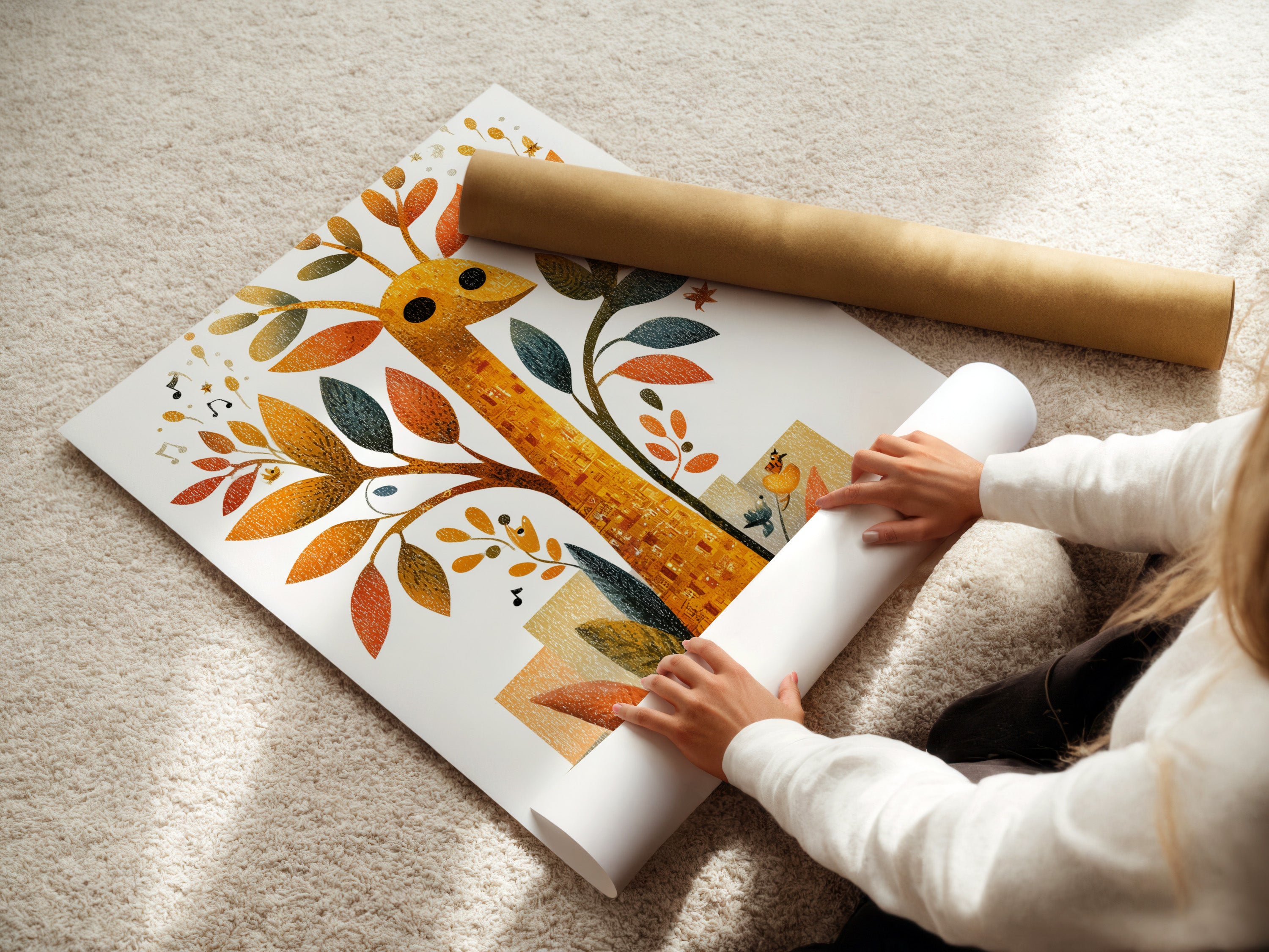 A woman carefully rolls a fine art poster paper. High-quality paper ensures the artwork remains pristine. Perfect for preserving and displaying your favorite prints. Experience the beauty of fine art poster paper.