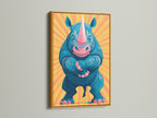 A playful rhino artwork is framed in a luxurious gold frame. The frame enhances the artwork's vibrant colors. This unique print is perfect for adding a touch of whimsy to any space. Ideal for safari decor or modern artwork collections.