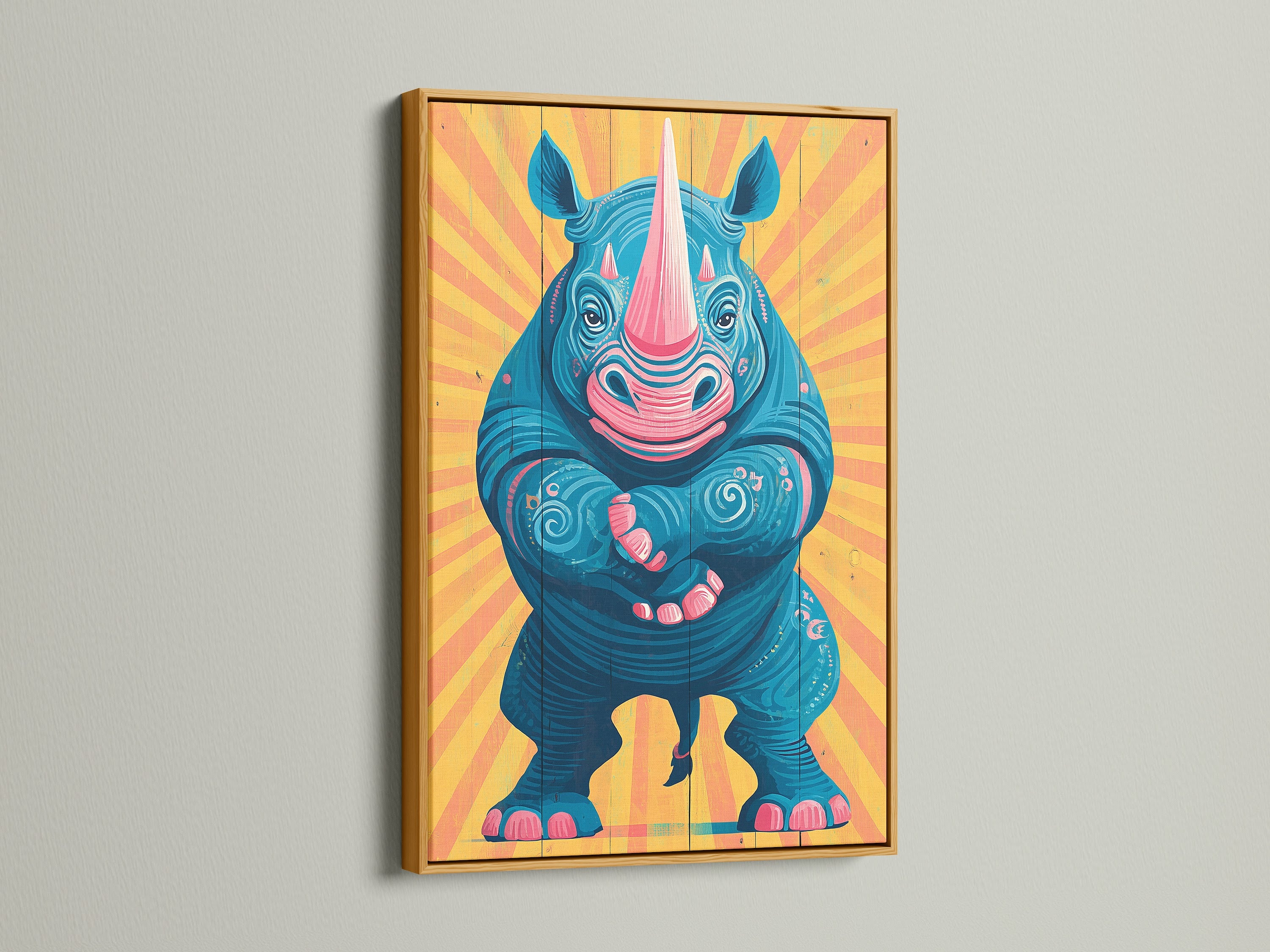 A playful rhino artwork is framed in a luxurious gold frame. The frame enhances the artwork's vibrant colors. This unique print is perfect for adding a touch of whimsy to any space. Ideal for safari decor or modern artwork collections.