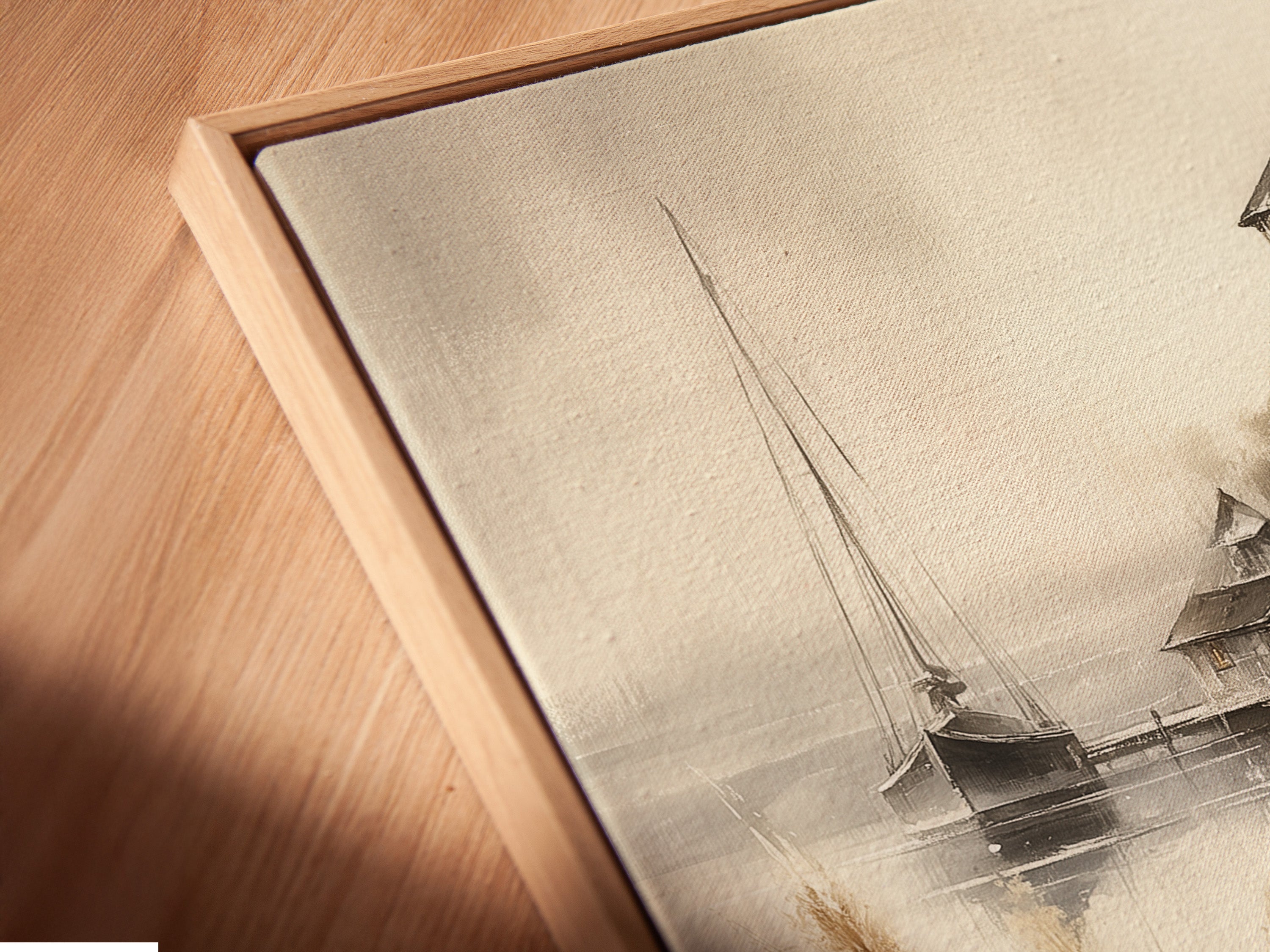 Angled close up of a canvas print in a floating frame. The rooster artwork enhances the wall. It's fine art for country kitchen decor. This farmhouse decor is a vintage watercolor painting. The rustic canvas print is perfect.