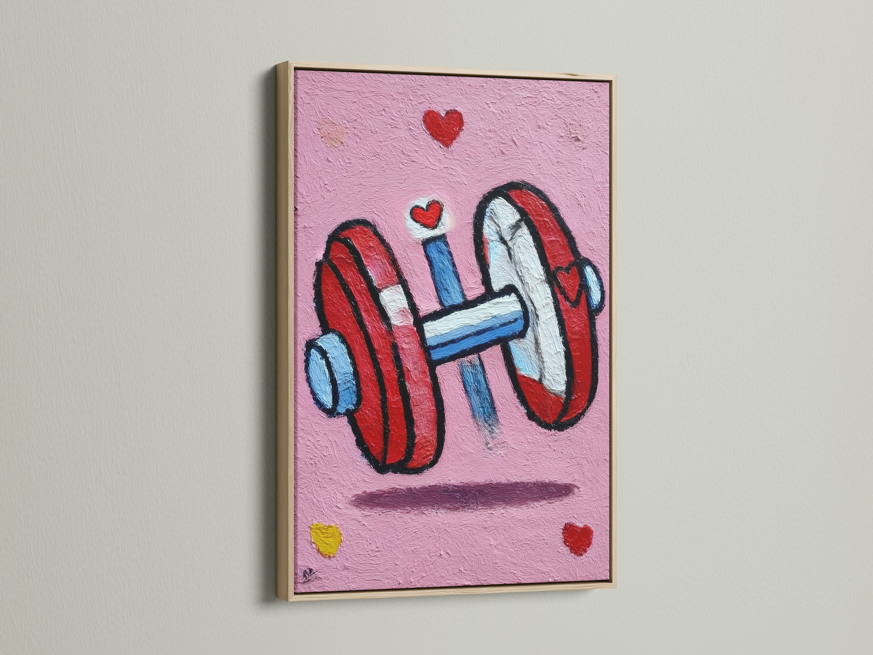 Dumbbell art print in an oak frame. The fitness wall art showcases a pink gym canvas print. Add workout decor to your home gym. This piece provides fitness motivation. The oak frame enhances the artwork's appeal. Perfect for a fitness studio.