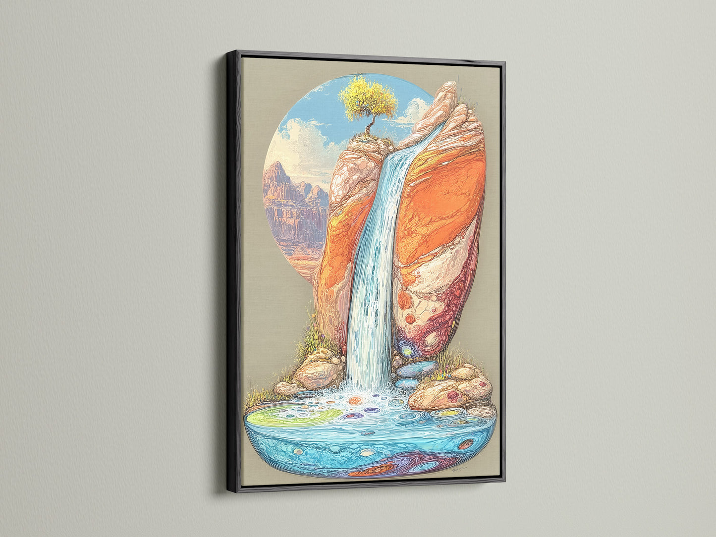 The desert waterfall artwork is striking in a black frame. This print beautifully captures the essence of a canyon landscape. It makes a statement as southwestern art. Add boho wall decor to your living room or office with this nature canvas print.