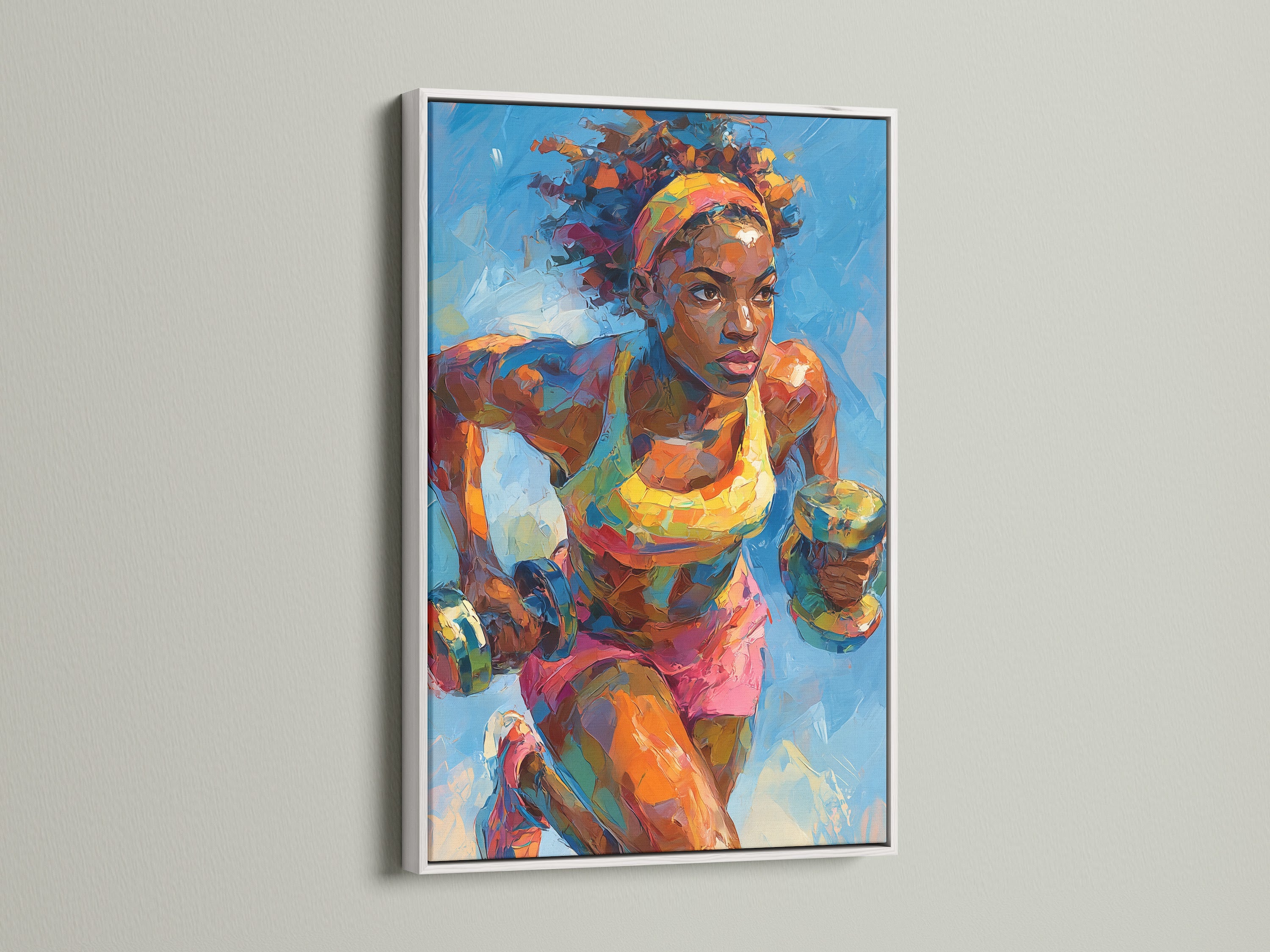 Showcasing the female boxer artwork in a white frame. The bright white frame makes the colors pop. This is the perfect contrast for colorful sports art. It will brighten any room. This athletic woman painting adds a fresh look to any space.