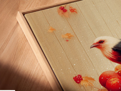 Close-up of a Bird and Apples canvas print in a floating frame. The artwork is a rustic fall still life. This piece is ideal for kitchen decor. The floating frame gives the art a modern look. It showcases a bird perched on a bucket of red apples. This close-up highlights the artwork's fine details.