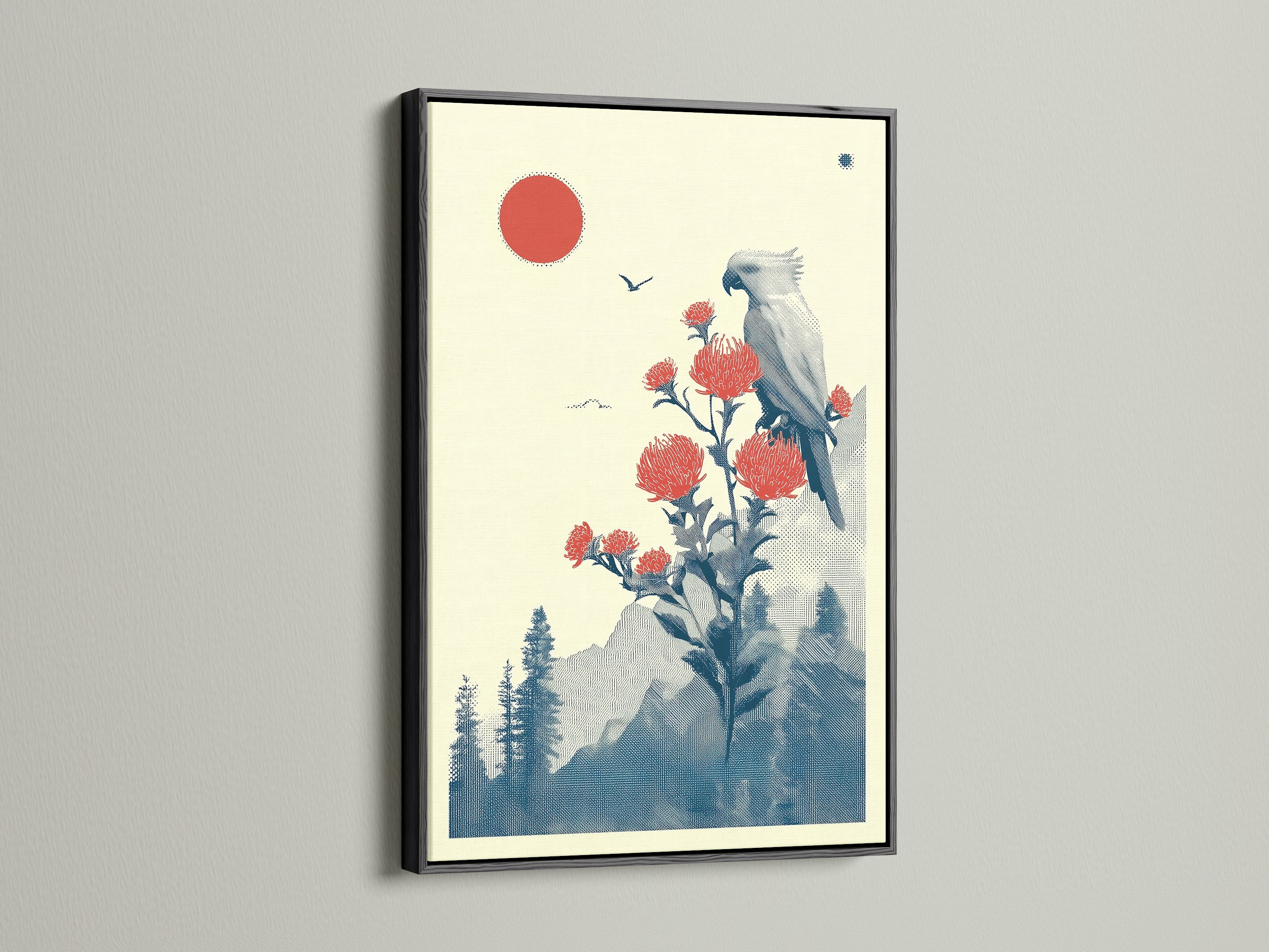 Japanese Bird Artwork with Red Sun in a Black Frame. The black frame makes the red sun print pop. Ideal Asian-inspired art for modern homes and offices. Order yours today.