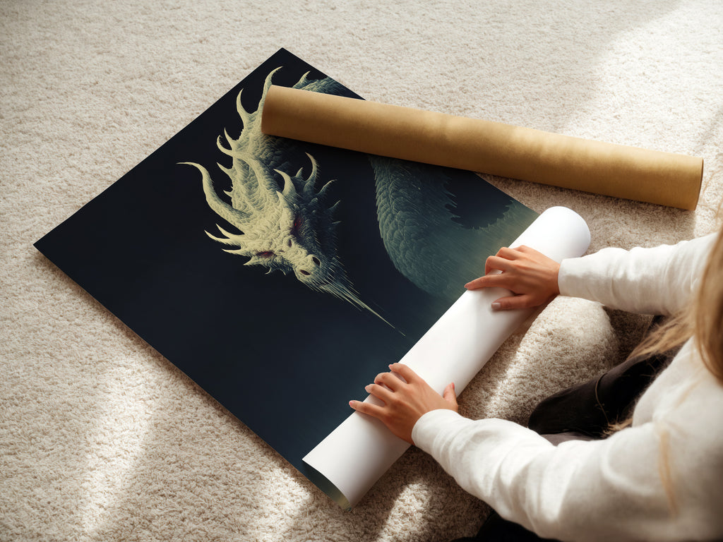 A woman is rolling fine art poster paper. This mythical sea serpent artwork is perfect for gothic decor. This fantasy creature poster is ideal for game rooms. Get yours today and elevate your space.