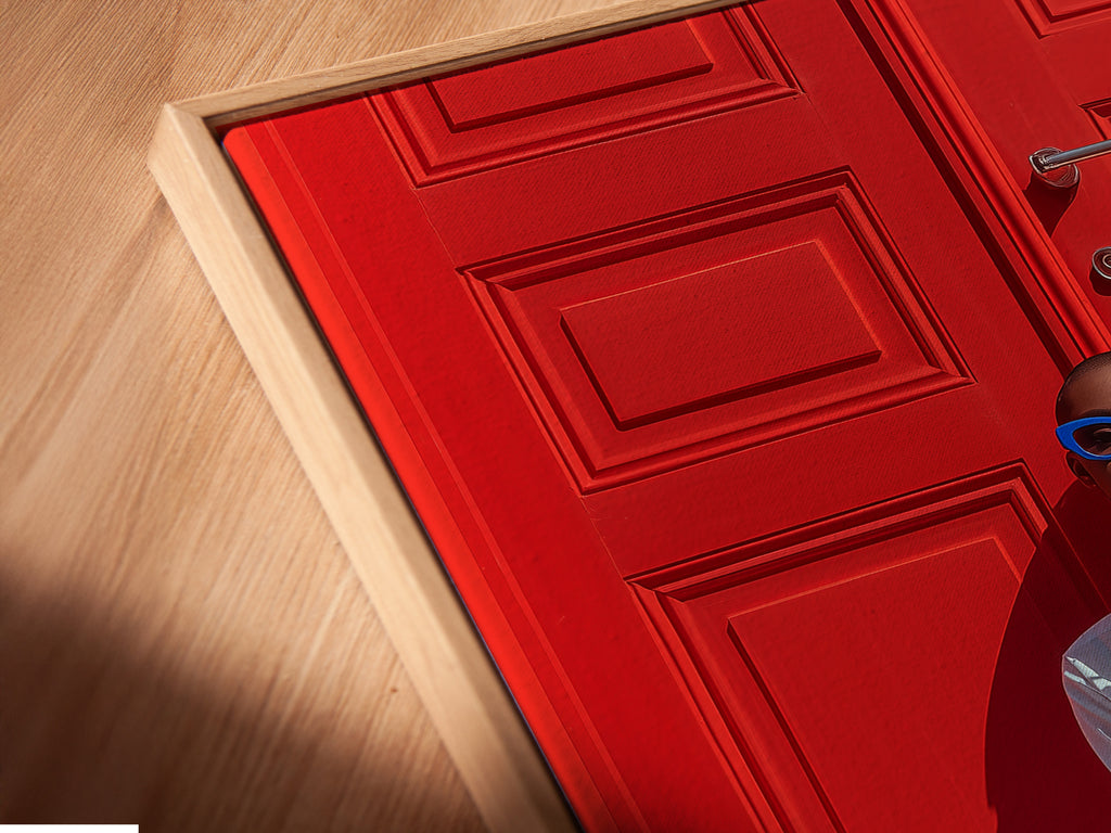 Fashion Photography Print - Blue Pattern Outfit Red Door Portrait, Modern Wall Art, Contemporary Home Decor, Style Statement