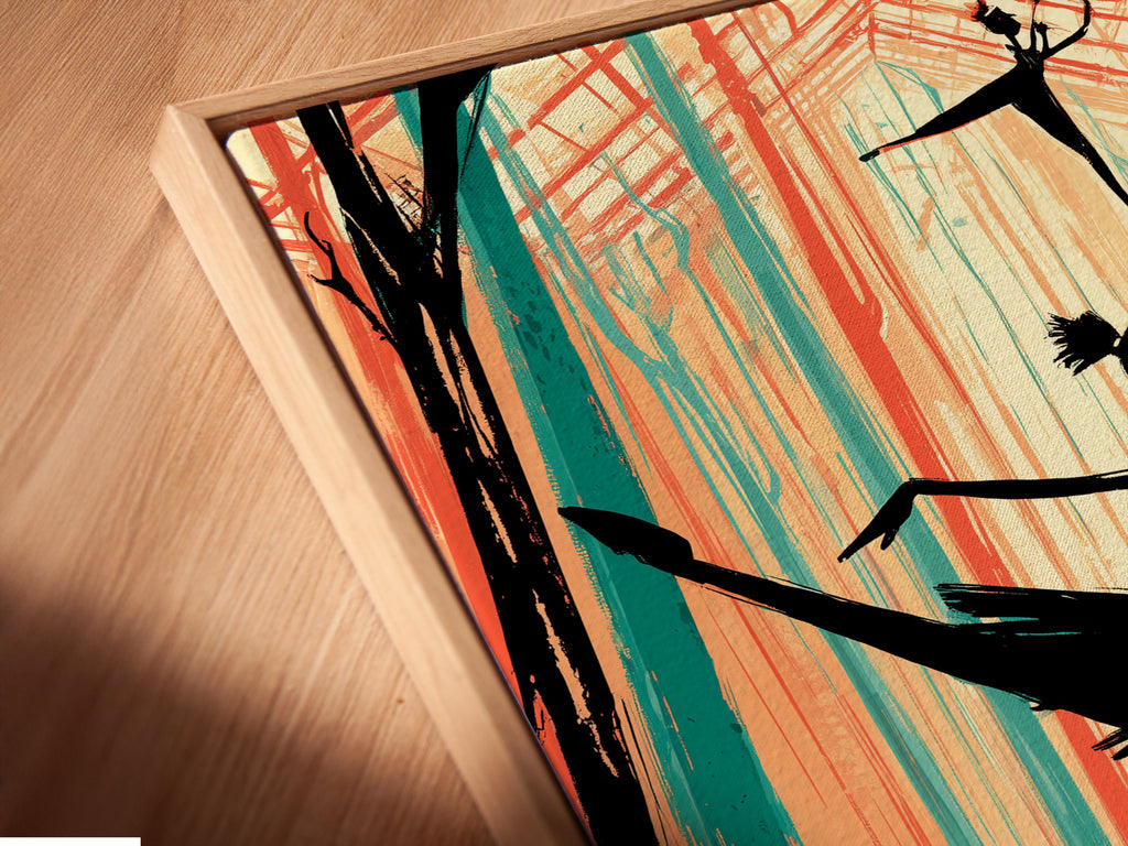 A close-up angled view of a canvas print in a floating frame. The ballerina artwork adds a touch of elegance to any space. Consider it for bedrooms or living areas. This modern piece is both sophisticated and inspiring.