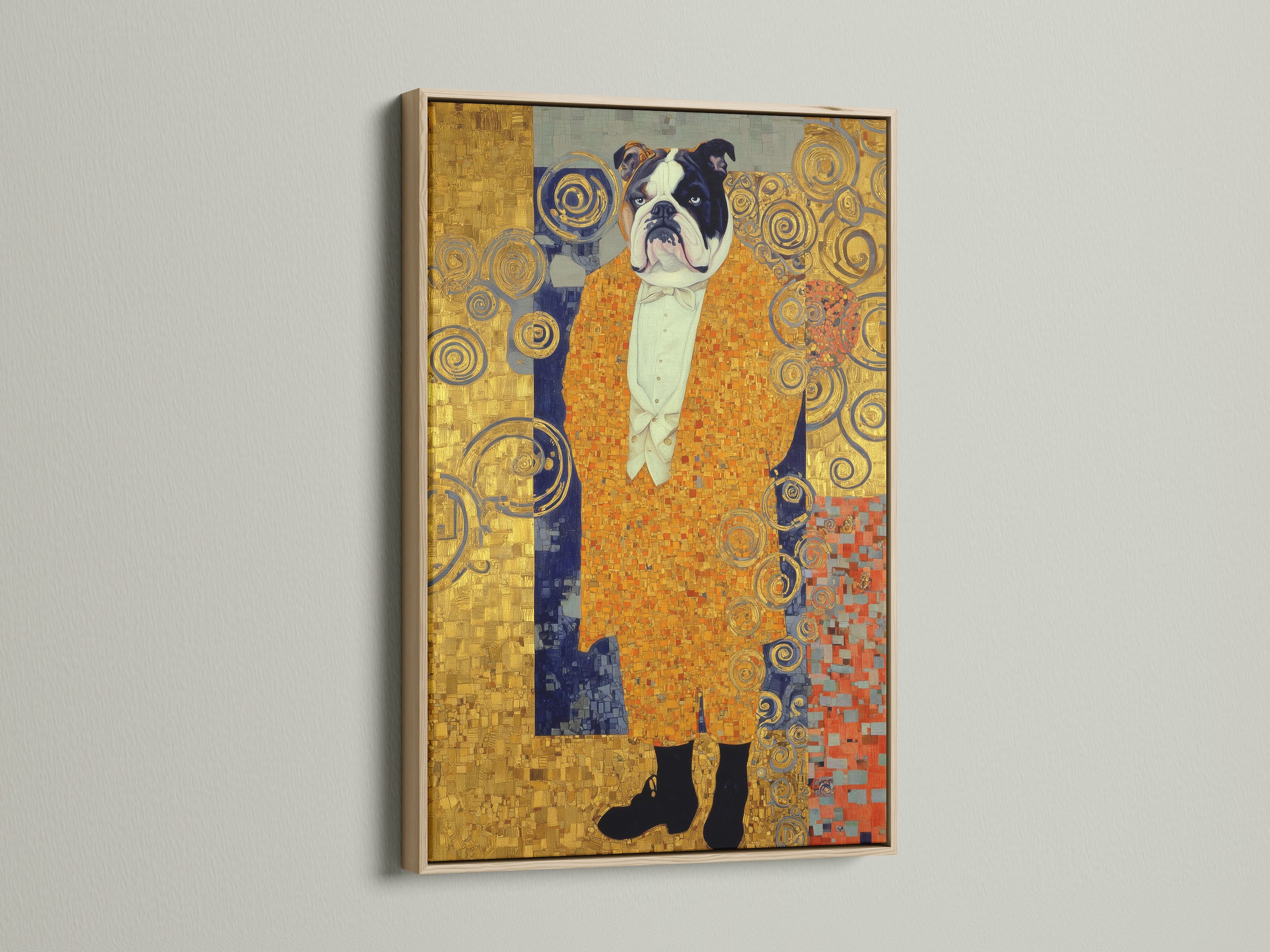 Klimt Style Bulldog Art Print showcased in an oak frame. This dog portrait print features gold ornate art. It's an animal canvas art piece. It's ideal for office wall decor. A golden wall art print with ornamental elements. It's a thoughtful gift for dog lovers.