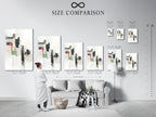 A size comparison chart is displayed in an interior setting showcasing an abstract cityscape artwork. The modern architecture wall art is perfect for visualizing scale in your home. The geometric building artwork enhances office decor. This minimalist art features neutral tones and gold accents. Choose the perfect size for your contemporary art collection. Ideal for scandi decor and urban art lovers.