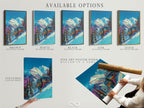 Available options for Ski Resort Canvas Art are displayed. Options include stretched canvas print. Fine art poster paper is also available. Floating frame option is also presented. The artwork features a mountain chairlift. Find the perfect fit for your decor.