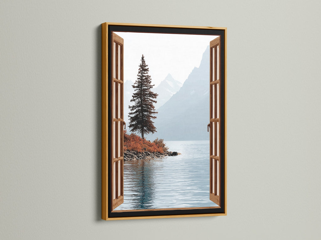 The mountain lake canvas print is showcased in a gold frame. The nature view poster is ideal for adding elegance to a study room. The serene landscape artwork offers a luxurious touch. This adds a focal point to any space.