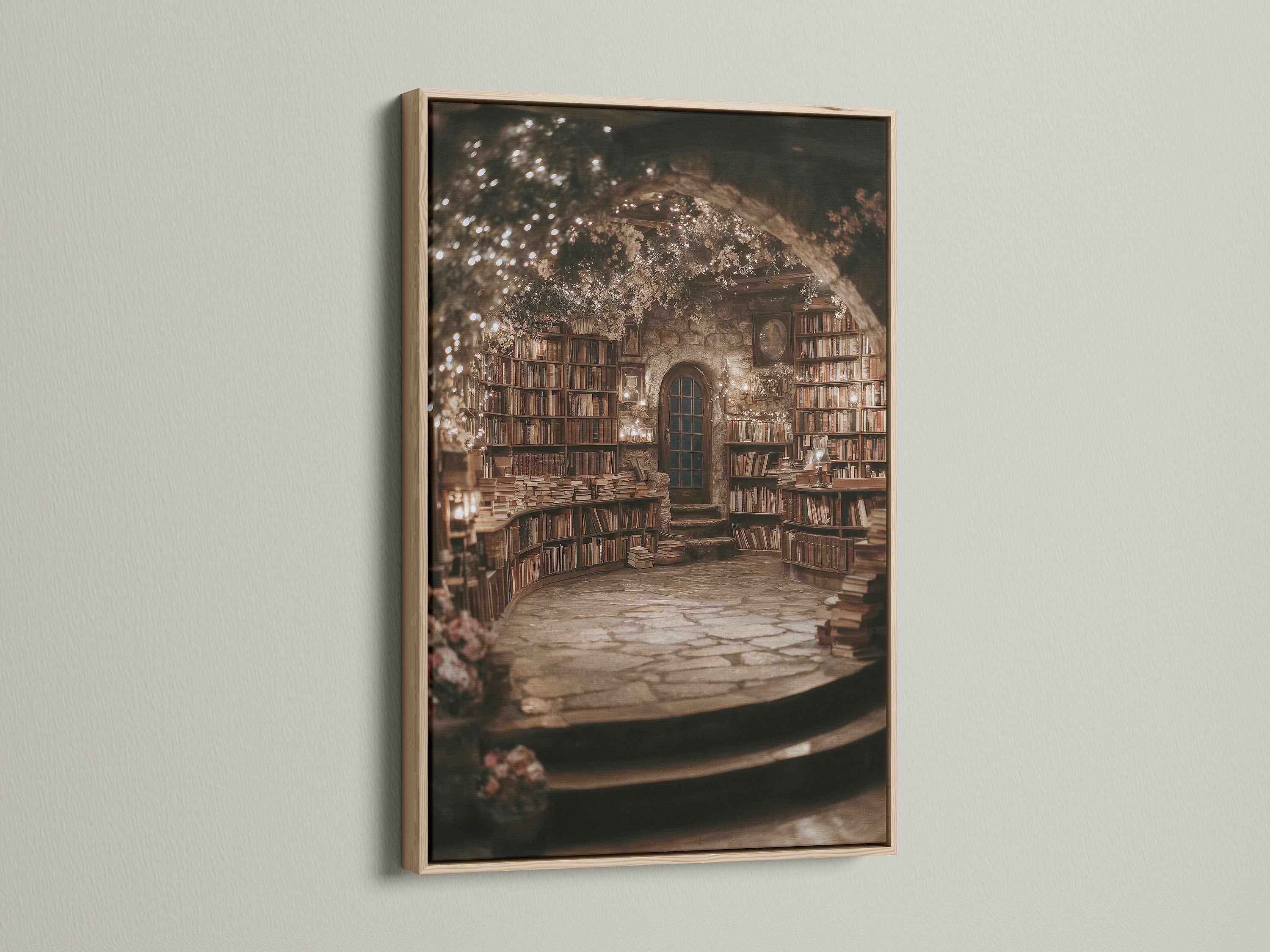 Victorian Library Bookcase Artwork with an oak frame. This fairytale book nook wall art adds magical academia to any study room. The warm-toned art creates a cozy reading room ambiance. Discover vintage library charm with this unique piece.
