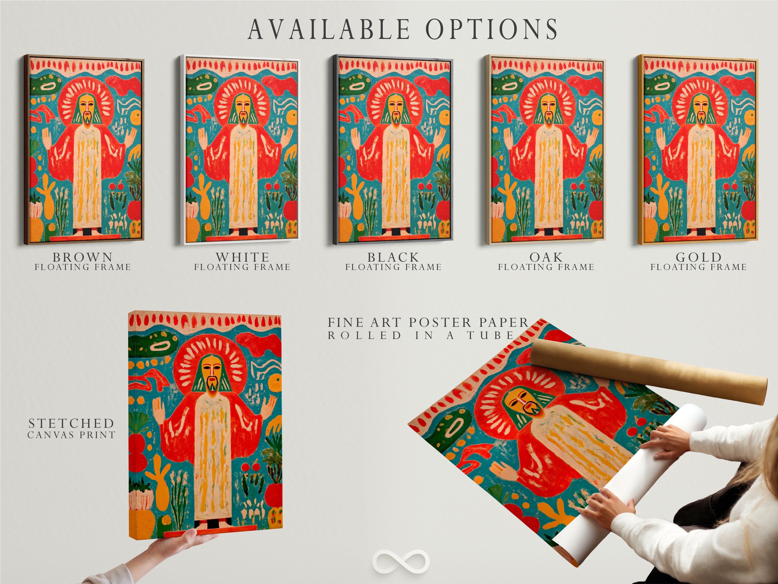 Available options for Sacred Heart Wall Art. Choose between a stretched canvas print a fine art poster paper or a floating frame. This folk art print is colorful. Add religious artwork to your spiritual decor.