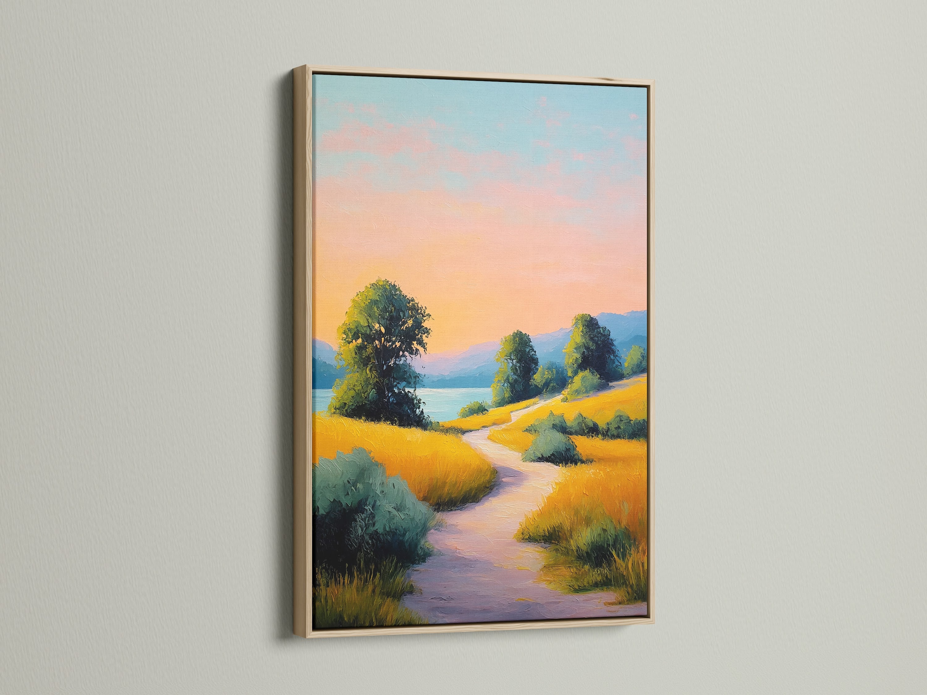 Sunset landscape artwork featuring a golden path print in an oak frame. This nature wall art adds a touch of serenity to any space. Ideal for living rooms bedrooms and entryways. The warm colors create a cozy atmosphere. A perfect countryside print for your home.