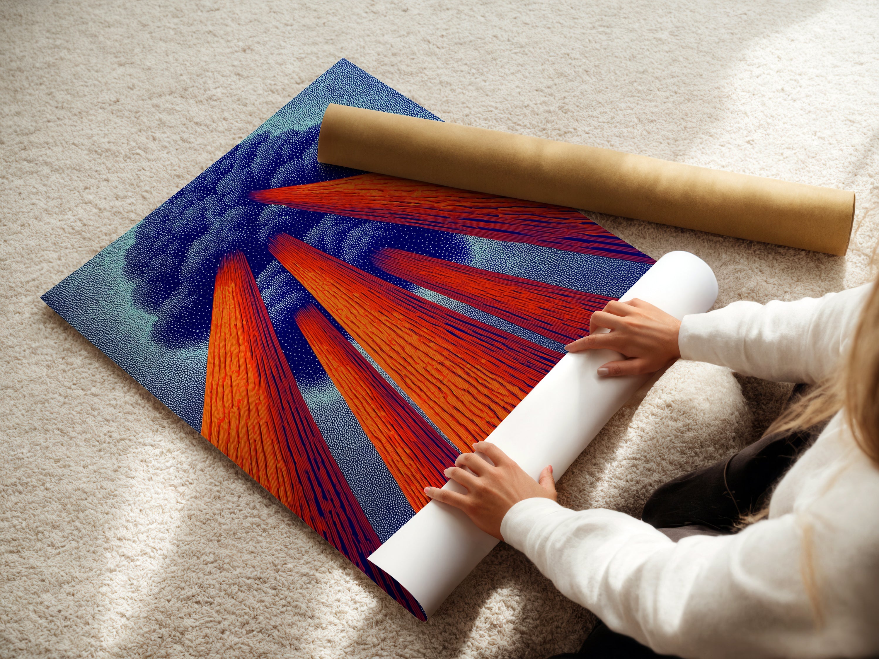 A woman carefully rolls a fine art poster paper of Sequoia art. This redwood forest artwork arrives in perfect condition. The fine art poster paper showcases earth tones beautifully. Perfect for framing or displaying as is. A nature lover's dream.