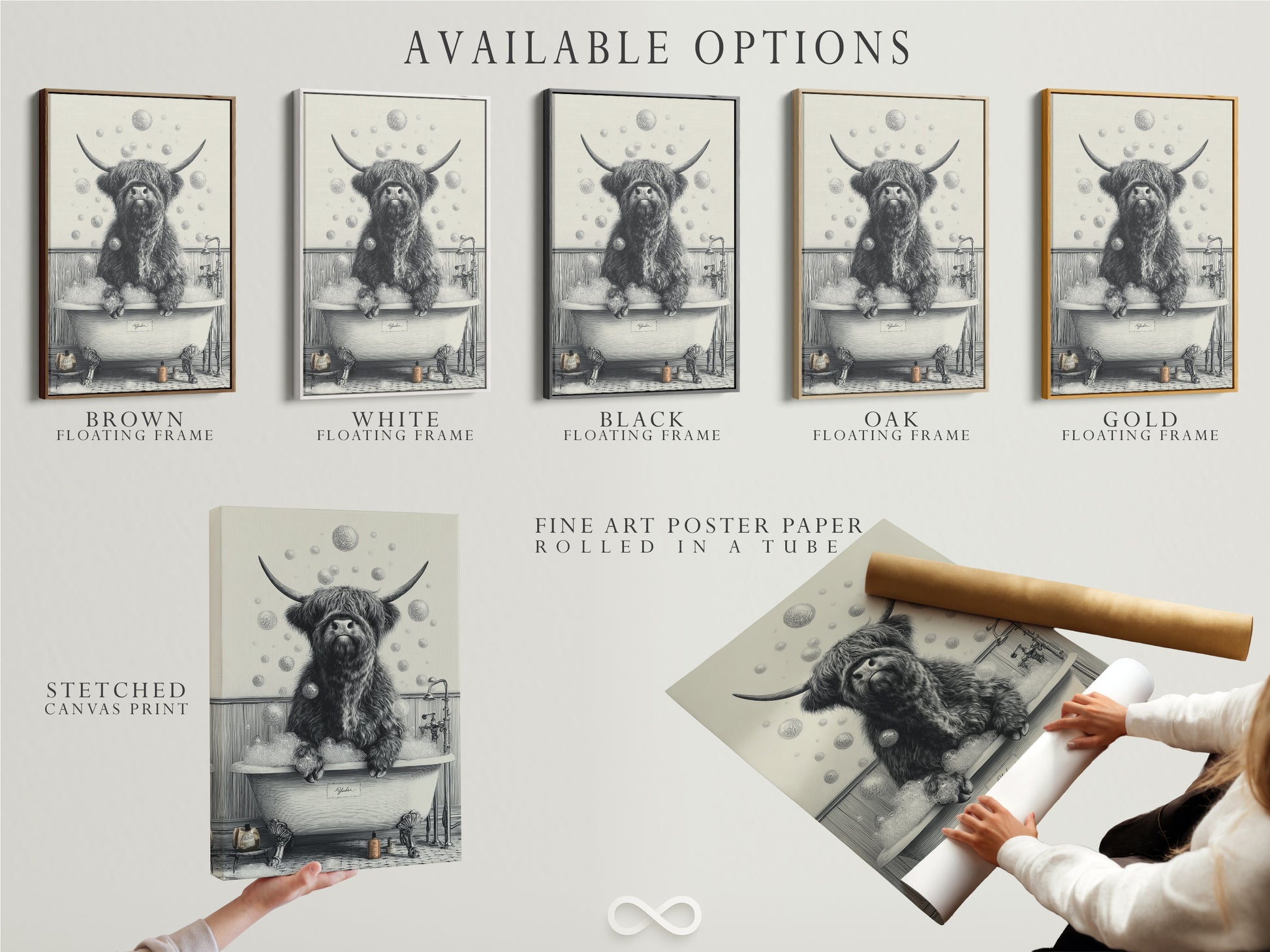 The image displays available artwork options. These include stretched canvas print fine art poster paper and floating frame. The featured artwork is the highland cow art. This farmhouse animal poster offers versatile decorating choices.