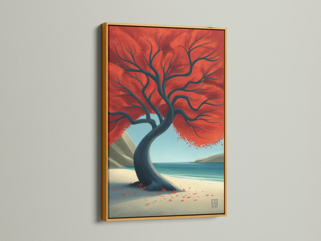 View the Red Tree coastal landscape artwork in a gold frame. The gold frame adds a touch of luxury and elegance. This artwork becomes a focal point with its radiant frame. The coastal wall art brings a warm glow to your home.