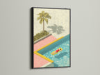 A striking artwork of a woman relaxing in a pool is framed in black. The black frame adds a bold and sophisticated touch. The frame contrasts the artwork's bright colors. Black frame is a timeless choice. Add depth to your decor with this framed art.