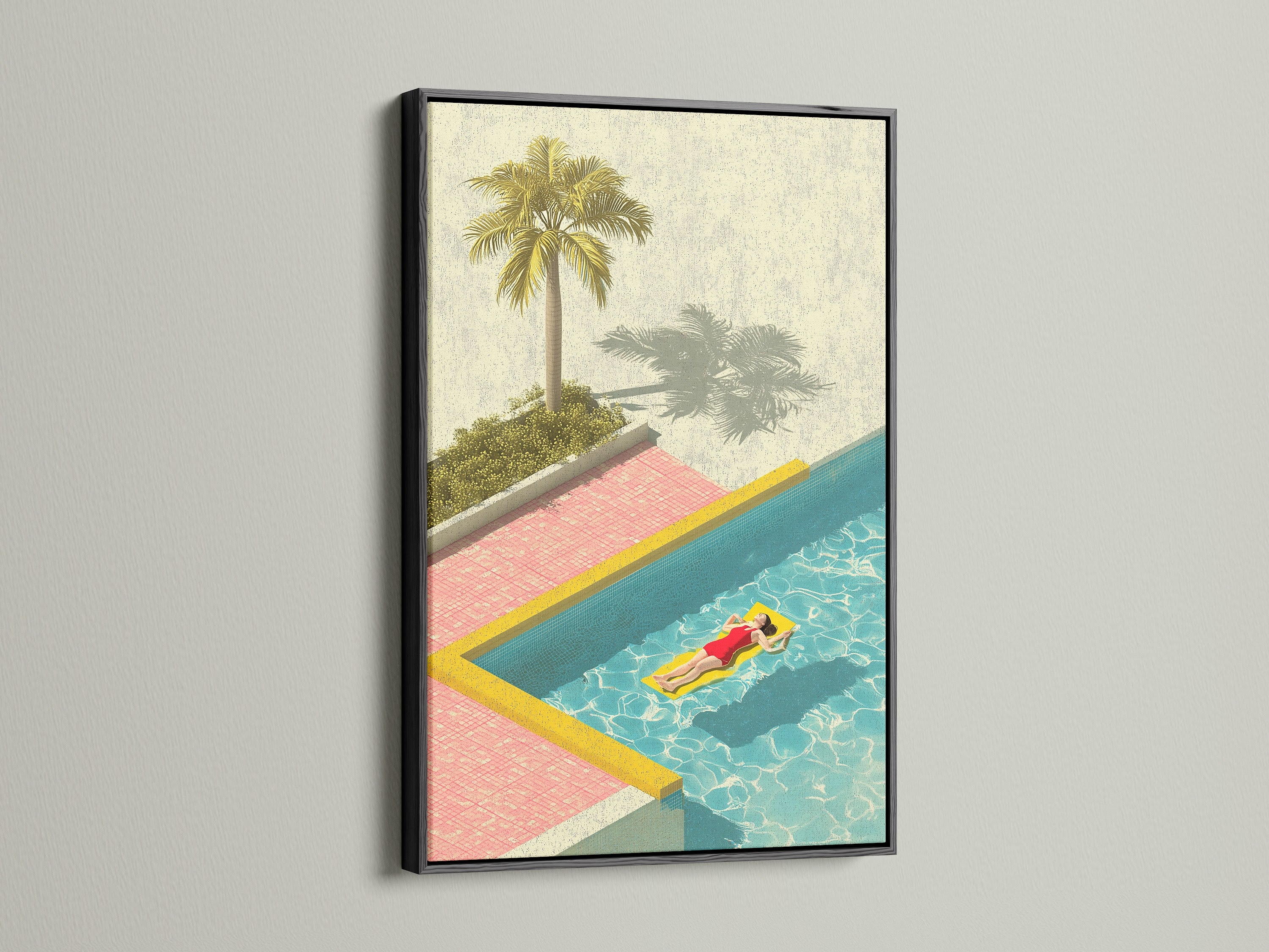 A striking artwork of a woman relaxing in a pool is framed in black. The black frame adds a bold and sophisticated touch. The frame contrasts the artwork's bright colors. Black frame is a timeless choice. Add depth to your decor with this framed art.