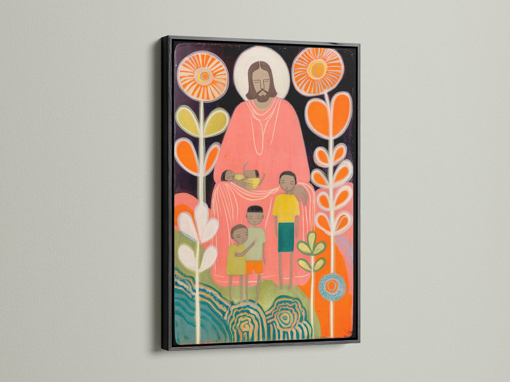 A bold black frame surrounds this artwork. The art depicts a figure with children among colorful flora. The black frame contrasts beautifully with the art. It adds a touch of sophistication. This is a stunning piece for any room.