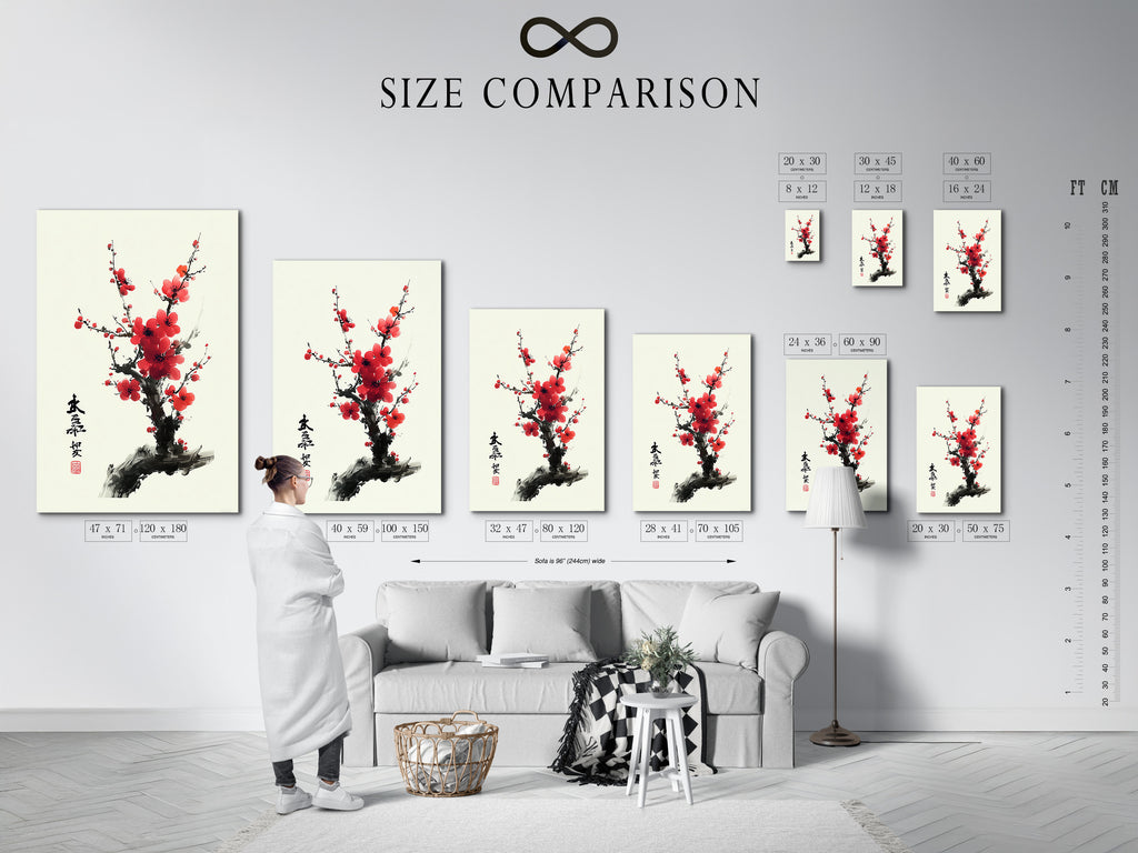 A size comparison chart is shown in an interior setting. The chart provides a visual guide. It helps customers choose the perfect artwork size. The setting is a modern living room. The chart includes various frame and canvas options.