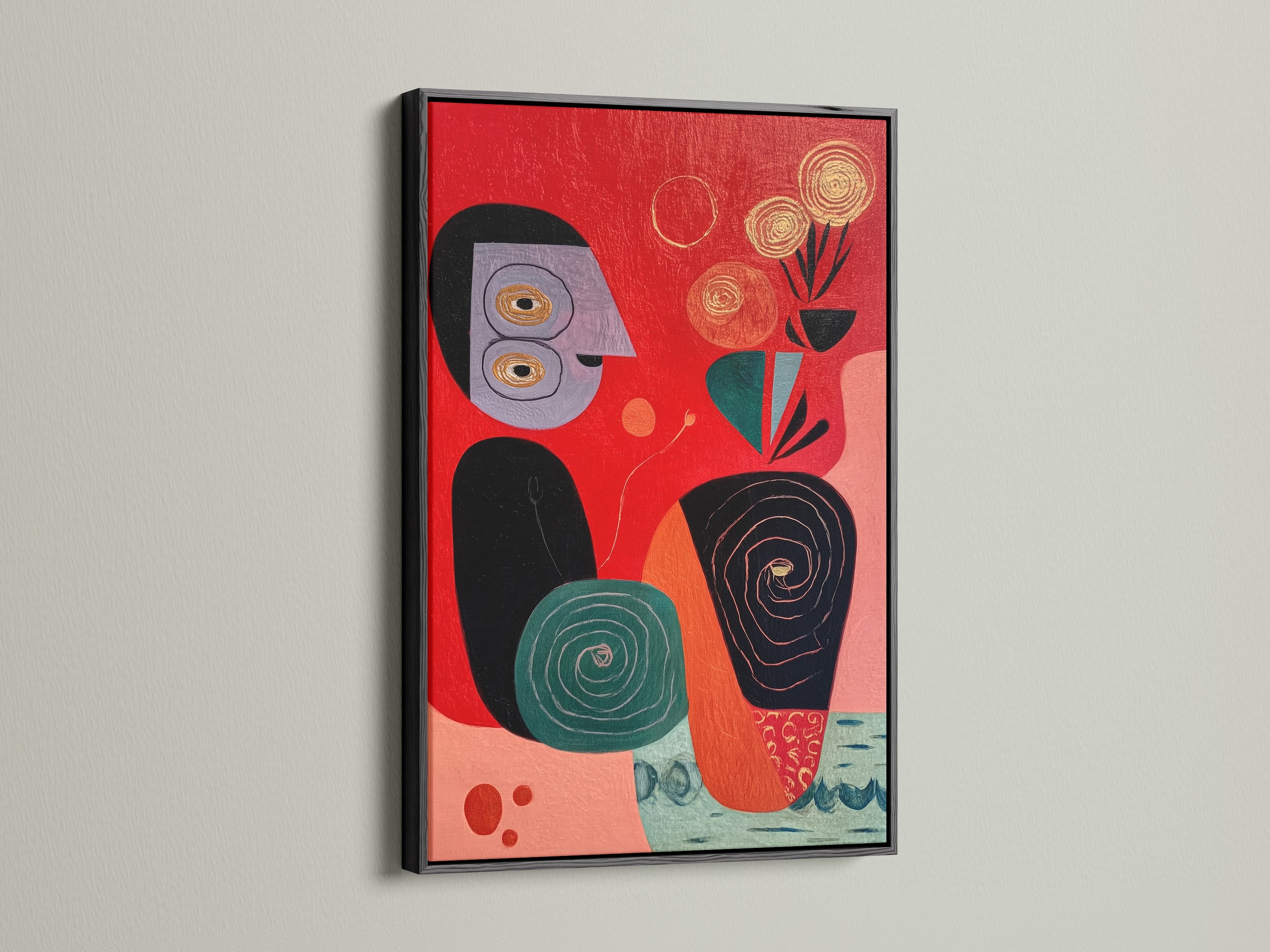 Abstract folk artwork is beautifully presented in a black frame. The red canvas print features teal and black details. Elevate your home decor with this mid-century modern piece. Find the perfect frame to match your style.