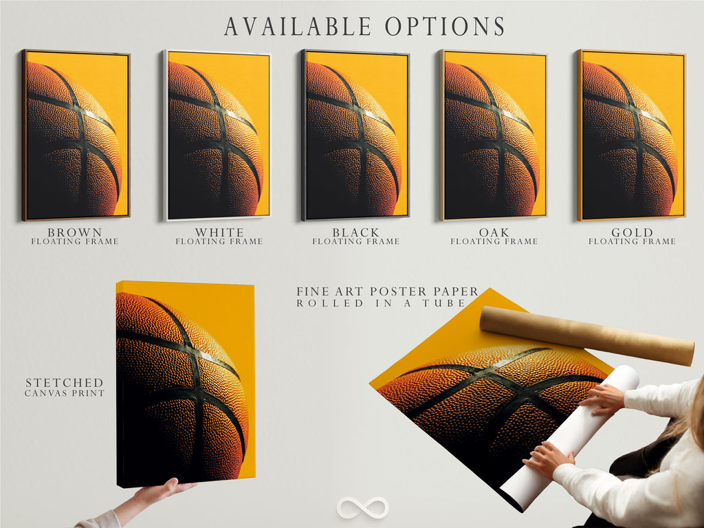 Explore available options for basketball artwork. Choose from stretched canvas prints fine art poster paper or a floating frame. Customize your art to match your style. Find the perfect piece to elevate your decor.