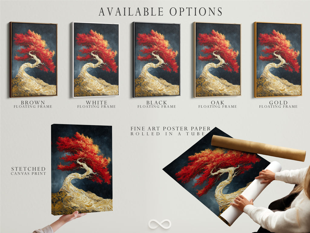 Explore available options for your Japanese artwork. Choose from stretched canvas prints fine art poster paper and floating frames. The red maple bonsai art is perfect for any style. Customize your zen canvas art to fit your unique space. Elevate your decor with these versatile choices.