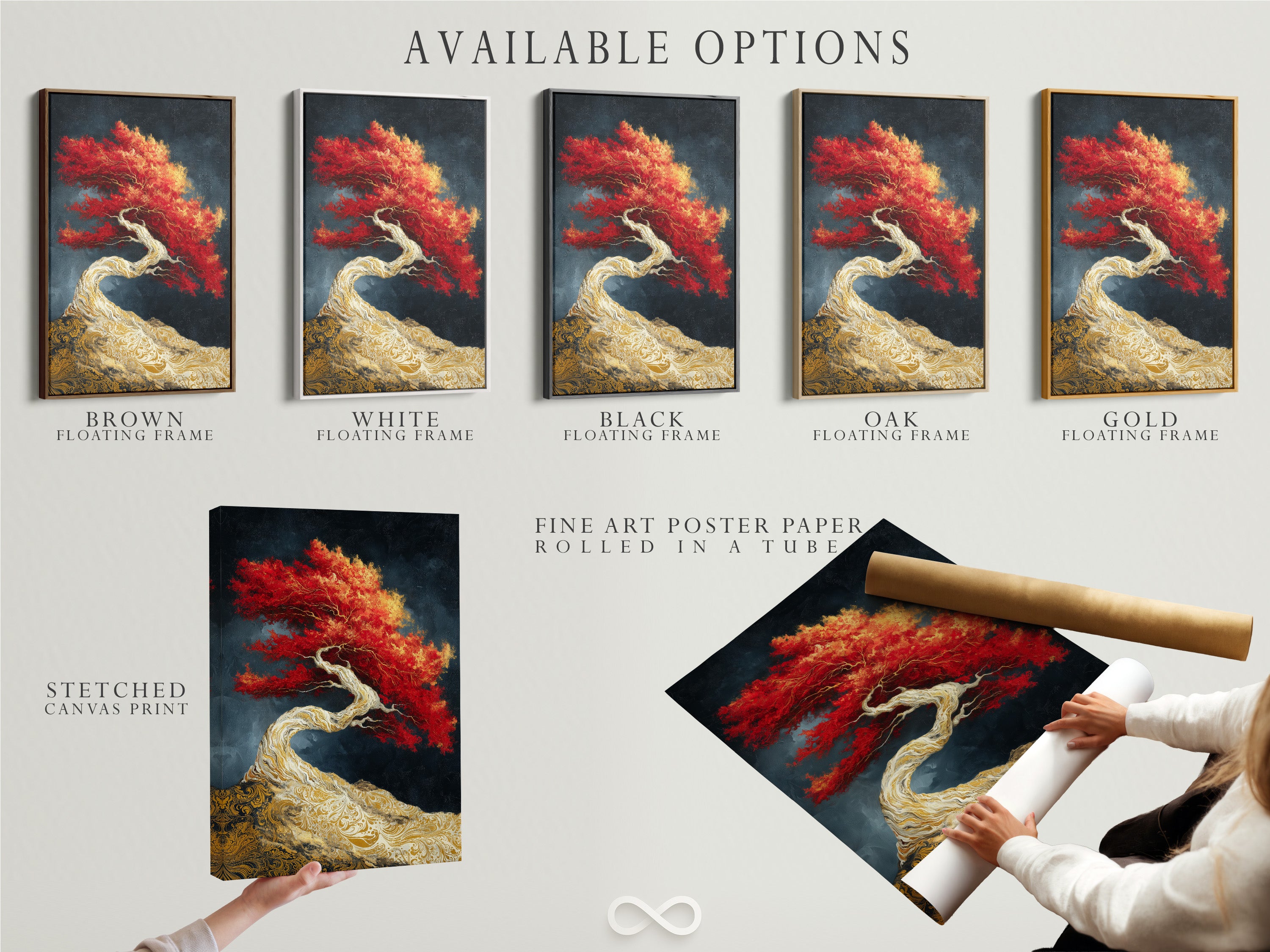 Explore available options for your Japanese artwork. Choose from stretched canvas prints fine art poster paper and floating frames. The red maple bonsai art is perfect for any style. Customize your zen canvas art to fit your unique space. Elevate your decor with these versatile choices.