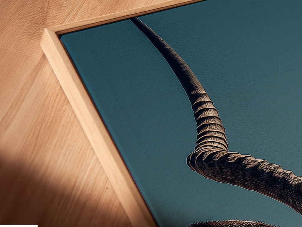 A detailed view of a canvas print is shown. It is set in a floating frame. The floating frame gives the art depth. The frame separates the canvas from the wall creating a unique display.